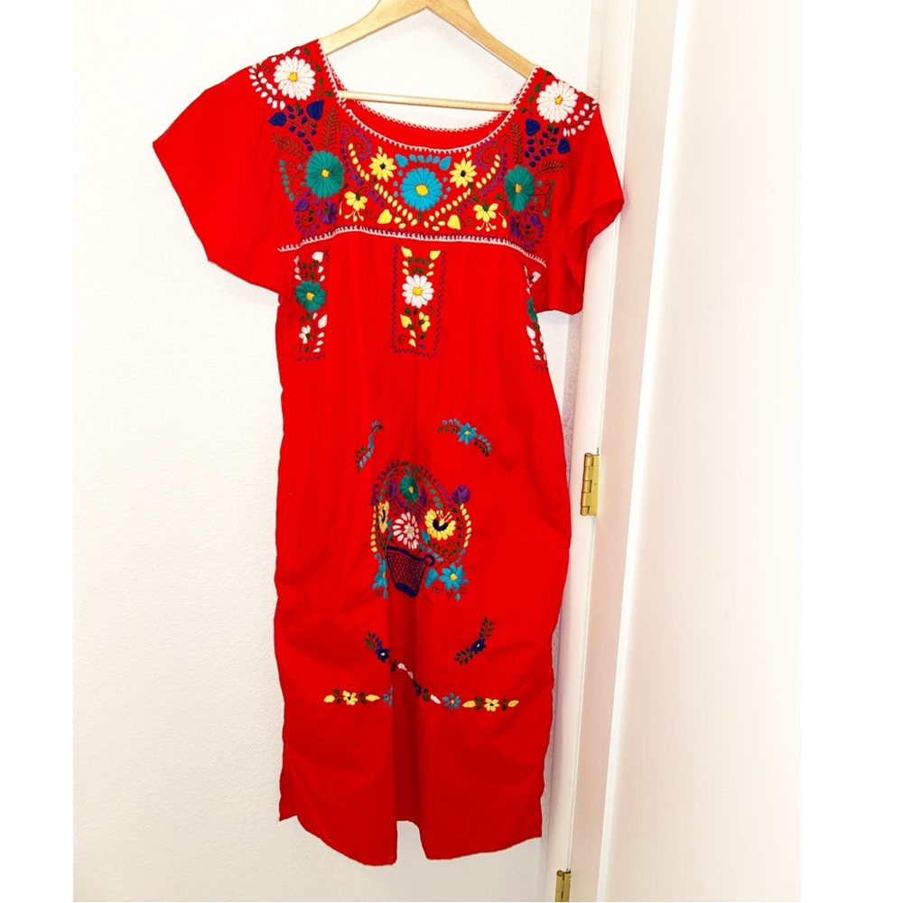 Vintage Mexican Puebla Style Embroidered Huipil Maxi Dress Red SZ: Medium